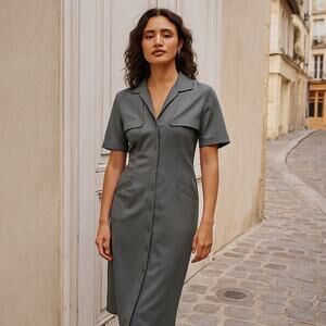 Lafayette 148 New York Wool Shirt Dress Size 8 Grey Minimalist Utility Midi